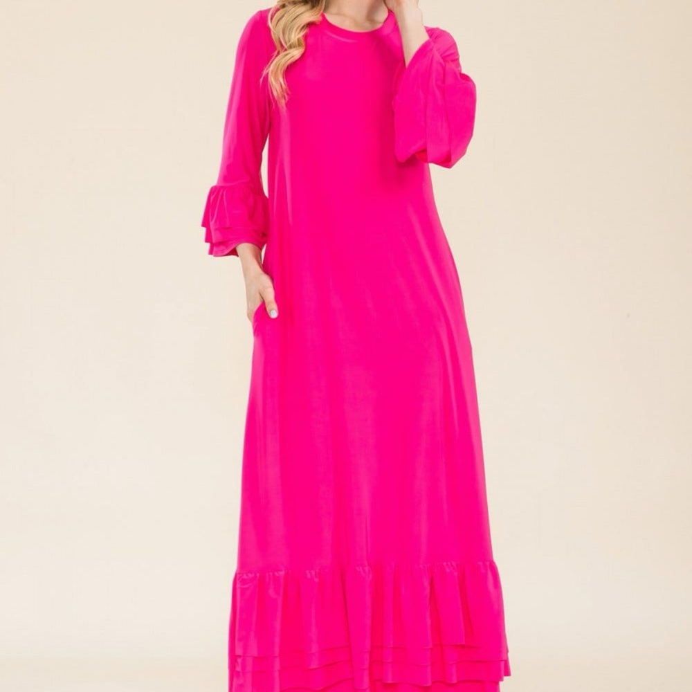 NWT Celeste Pink Ruffled Tiered Long Sleeve Dress Large